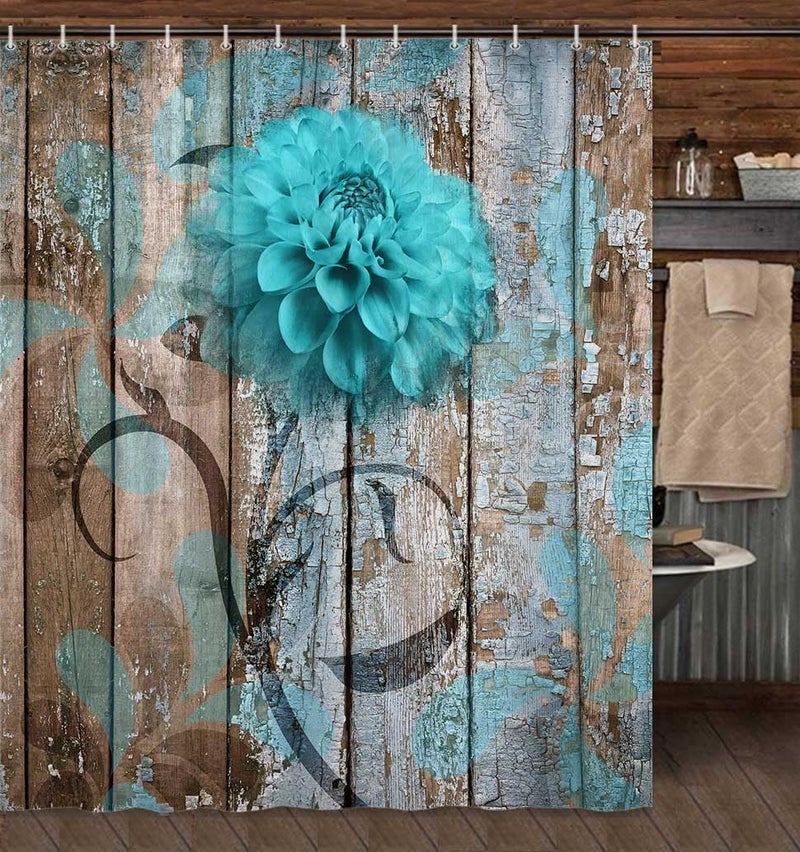 JAWO Farmhouse Flower Floral Shower Curtain, Rustic Teal Turquoise Dahlia Shower Curtain Set, Country Blue Wild Garden Plant Fabric Shower Curtain with Hooks, Surreal Bathroom Curtain, 69x70inch - Image 2